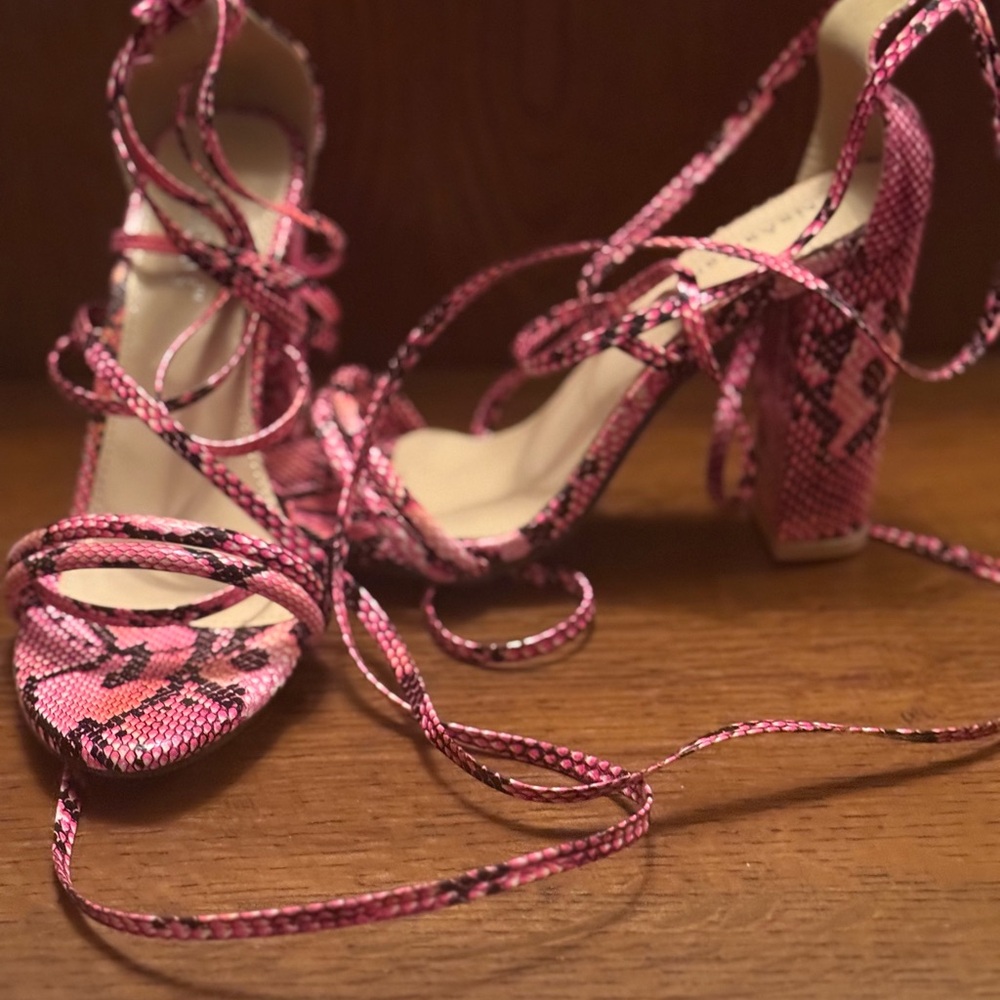 Elegant Pink Lace-Up Snakeskin Heels